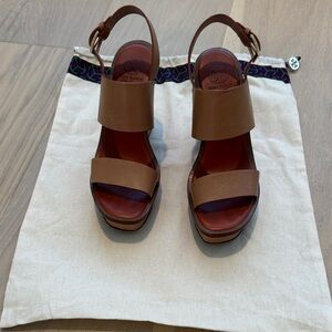 Tory Burch Tan Leather Wedge Sandals